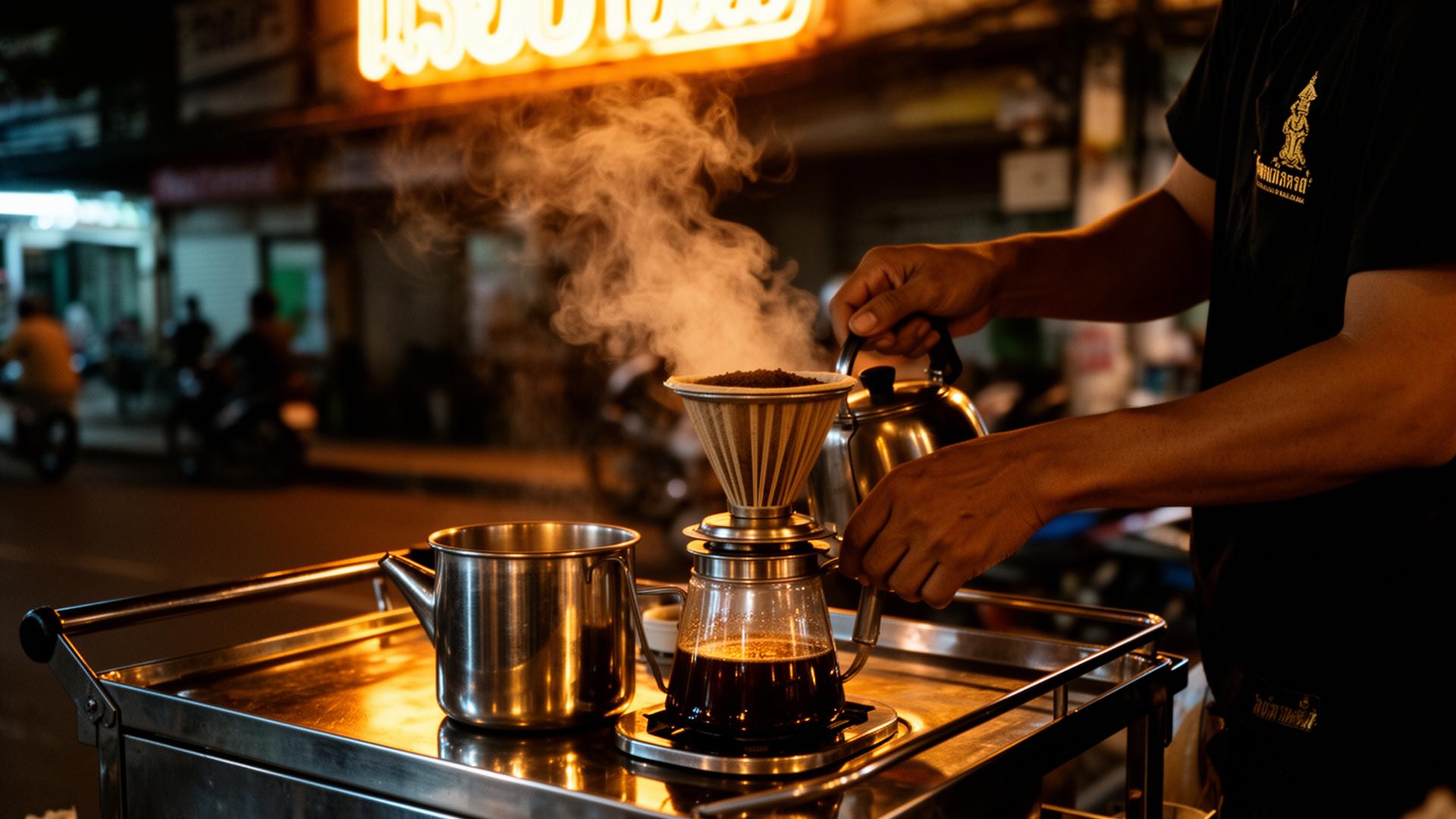 Thai street vendor brewing coffee